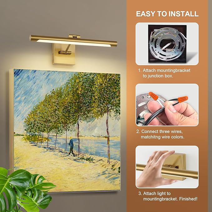 LED Picture Light Fixtures 16.54 Inches, Modern Metal Artwork Wall Lamps with Single Swing Arm, 7W (50W Eqv.), Hardwired Connection, Non-Dimmable, 3000K Warm White, CRI80+, Golden-Like Brass Finish