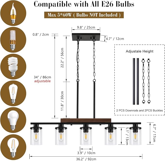 36.2‘’ Kitchen Lighting, 5-Light Dining Room Light Fixture Chandelier Over Table, Black Modern Rustic Wood Ceiling Pendant Light Fixtures, with Clear Glass Shade, Farmhouse Chandelier