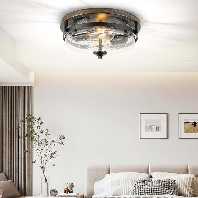Edwarmlux Flush Mount Ceiling Lights, 2-Light Farmhouse Close to Ceiling Light, Industrial Ceiling Lighting Fixture for Kitchen Hallway Bedroom Living Room Stairways Porch (Seeded Glass)