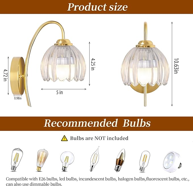 Wireless Wall Sconce with Flower lampshade, Battery Operated Wall Lights,Wall lamp with 15 Colors for Bedroom Living Room Home Decor (Clear-Tulip, 2 Light Battery Operated)