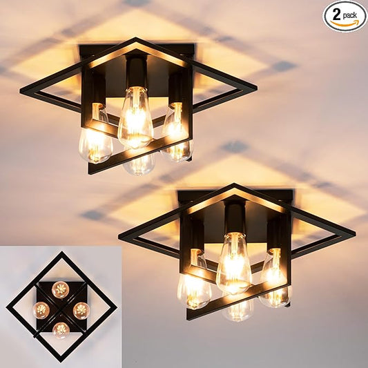 Semi Flush Mount Ceiling Light Fixture, 4 Light Industrial Ceiling Light Fixtures Ceiling Mount Black Farmhouse for Kitchen Lighting Fixtures Ceiling, Bathroom Ceiling Light, Bedroom, Hallway(2 Pack)