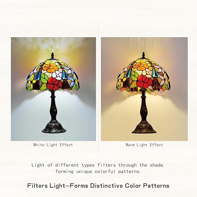 Tiffany Style Stained Glass Table Lamp, Floral Flower Desk Light with Antique Bronze Resin Base, Colorful Decorative Lighting for Bedroom, Living Room, Office 12X12X19 Inch (Flower Floral)