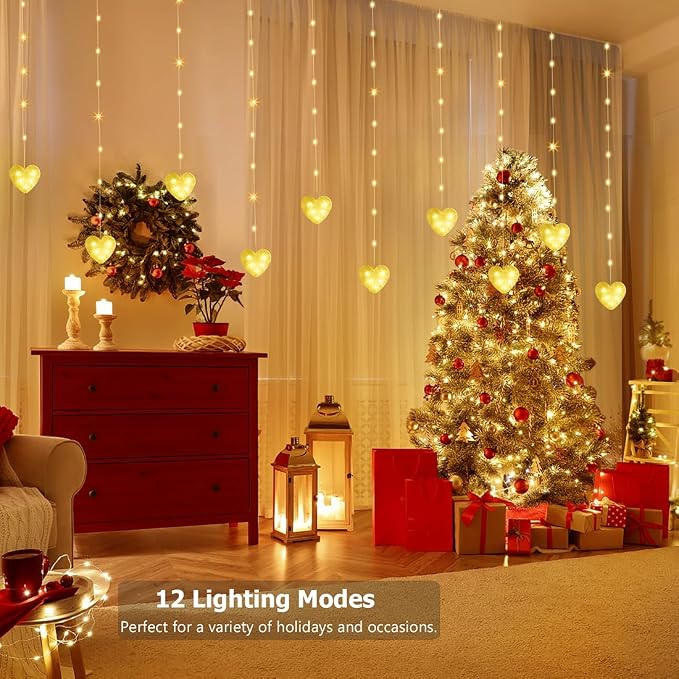 Heart Curtain Lights Battery Operated Valentines Day Decor, 10ft x 3.3ft Warm White & Multicolor Twinkle Fairy String Lights Curtain, Timer & IR Remote for Indoor Outdoor Christmas Decor