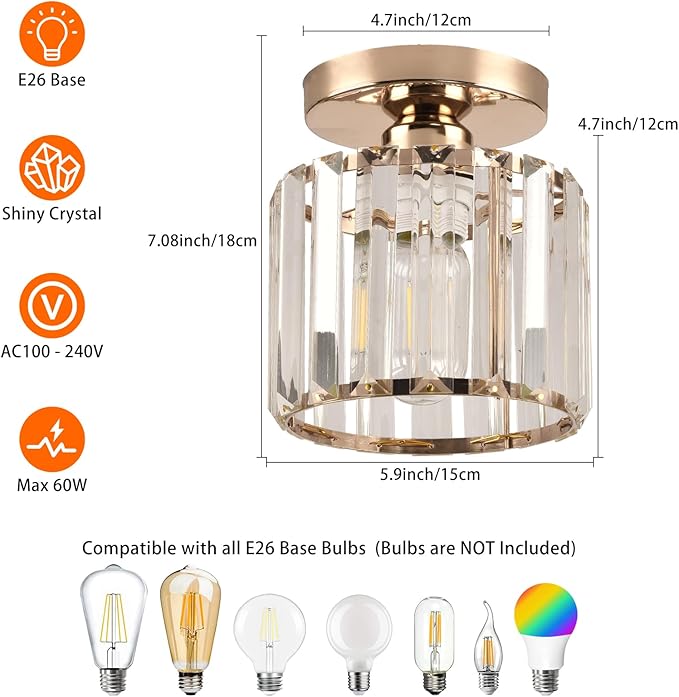 Semi Flush Mount Ceiling Light, Crystal Ceiling Light Gold Chandelier for Kitchen Hallway Entrance Balcony Dining Rooms Living Rooms Bar