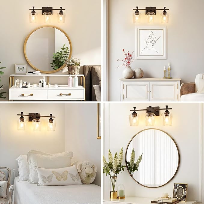 3 Light Bathroom Vanity Light - Coffee Bathroom Lighting Fixtures Over Mirror, Modern Wall Sconces with Transparent Glass Lampshade for Bedroom Living Room Kitchen Cabinet Stair Hallway