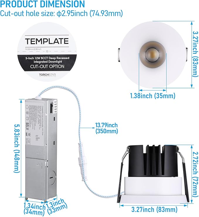 TORCHSTAR 5CCT Trimless 3 Inch LED Recessed Light, 12W Canless Dimmable LED Downlights with J-Box, Anti-Glare Semi-Recessed Downlight, 2700K/3000K/4000K/4500K/6500K Selectable, CRI 90, Pack of 2