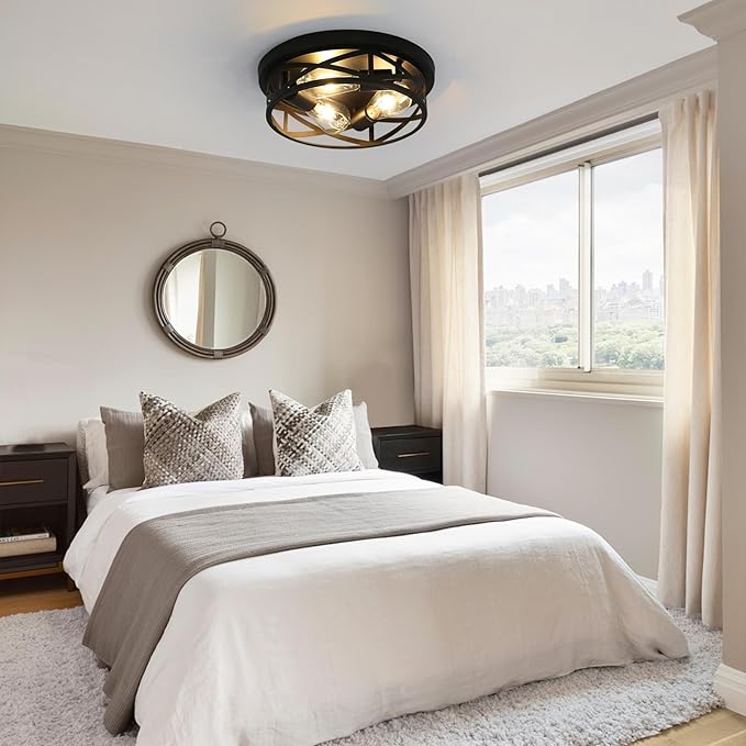 13 Inch Flush Mount Ceiling Light 2-Pack, Farmhouse Metal Cage Semi Flush Mount Ceiling Light Fixtures, Black Close to Ceiling Light for Hallway Kitchen Bedroom Entryway
