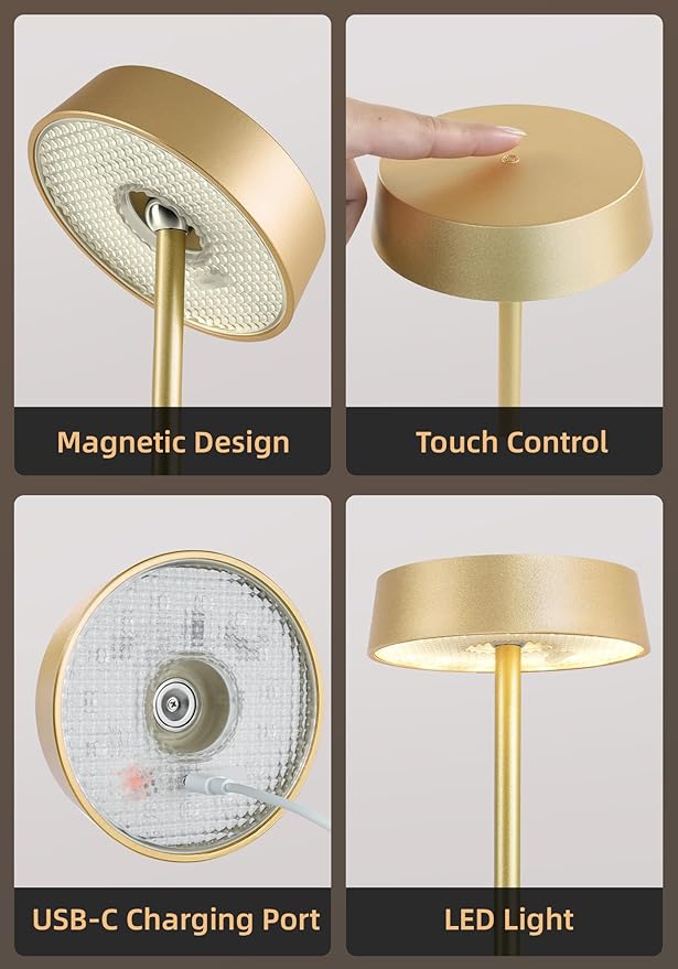 Cordless Lamp, Rechargeable Table Lamp, Battery Operated, RGB Dimmable Touch Control, 3 Color Temperatures, LED Memory Function, Portable Outdoor Waterproof, Restaurant Dining Patio Kitchen, Gold 1Pc
