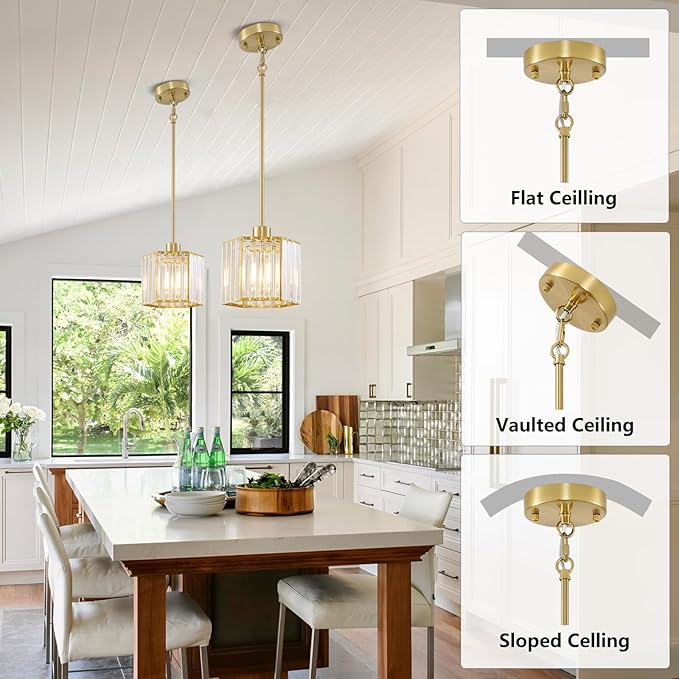 XSDeTu 2 Pack Gold Pendant Lights Kitchen Island, Modern Crystal Pendant Light Fixtures, 1-Light Small Farmhouse Chandelier, Adjustable Brass Hanging Light Fixture for Dining Room, Hallway, Bedroom