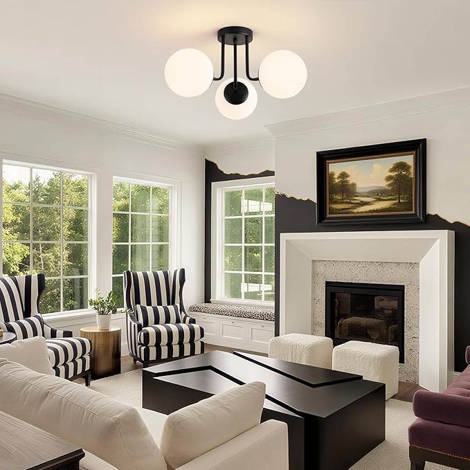 Modern Semi Flush Mount Ceiling Light, 3-Light Glass Globe Ceiling Light Fixture, Matte Black Mid Century Sputnik Chandelier for Living Room, Bedroom, Hallway, Kitchen (Blub Included)