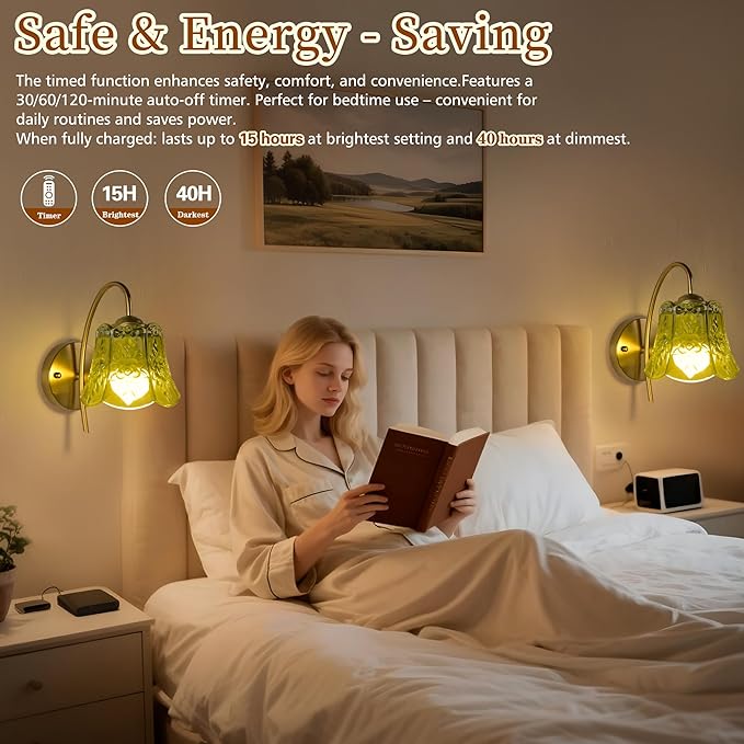Wireless Wall Sconce with Flower lampshade, Battery Operated Wall Lights,Wall lamp with 15 Colors for Bedroom Living Room Home Decor (Green Flower,2 Light Battery Operated)
