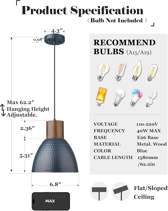 ELYONA 3 Pack Hammered Pendant Lights 7” Small Metal Solid Wood Hanging Light Fixtures Adjustable Height Industrial Pendant Lighting for Kitchen Island Dining Room Bedroom Bar Office, Modern Blue