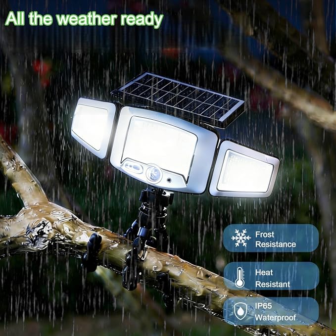 HULPPRE Solar Motion Sensor Light Outdoor,Bright with 231 LEDs,Clip on | 3 Adjustable Heads,Fence Light with Octopus Stand, IP65 Waterproof, 3 Modes, for Front Door, Yard, Patio, Deck, Camping
