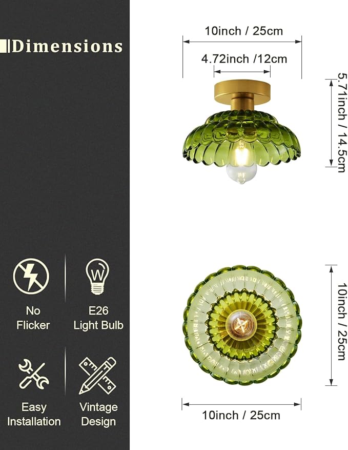 ANYLOVE 10 Inch Green Vintage Glass Semi Flush Mount Ceiling Light, E26 Socket for Bedroom Kitchen Hallway Foyer