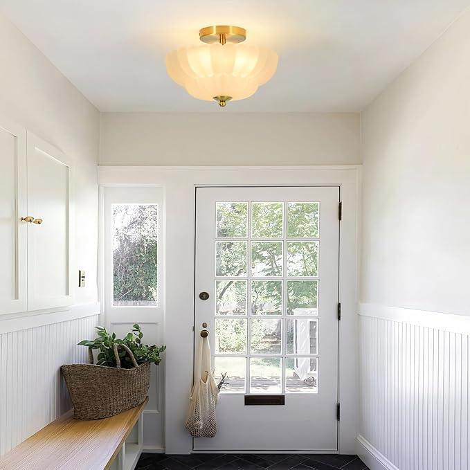 11.8 inch Kitchen Ceiling Light, 3-Light Semi Flush Mount Ceiling Lamp with Flower Glass, Modern Close to Ceiling Light Fixtures for Bathroom Bedroom Hallway Entryway, Milk White