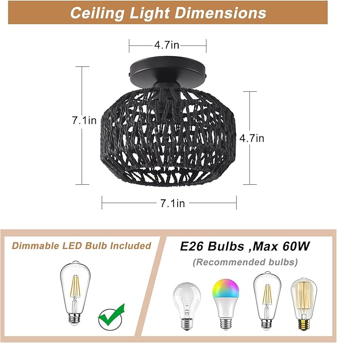 2 Pack Farmhouse Light Fixtures Ceiling Mount,Mini Rattan Boho Semi Flush Mount Ceiling Light,Hand Woven Hallway Light Fixtures for Bedroom Entryway