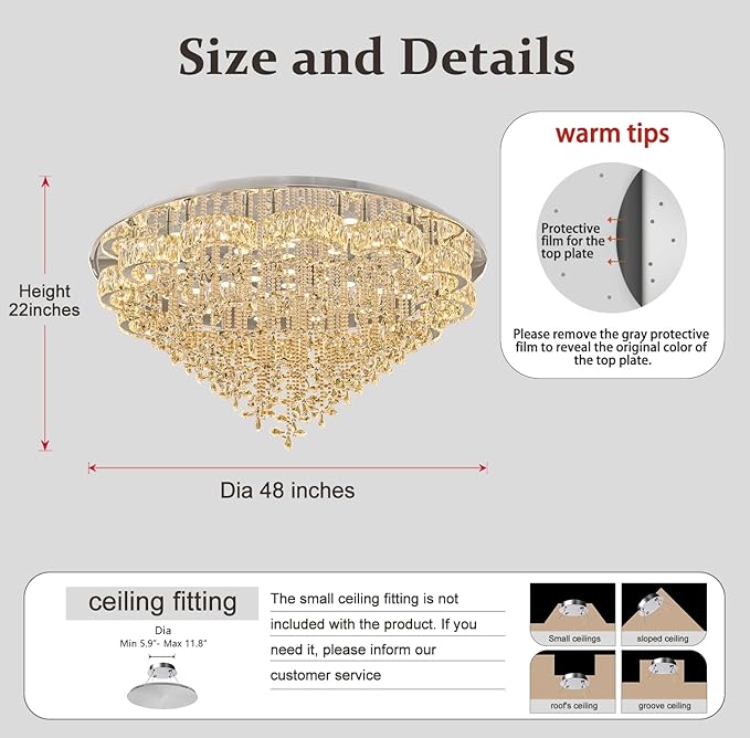 Flashing God Dia 48“ Modern Crystal Chandelier Living Room Large Chandeliers Dinning Room Crystal Raindrop Chandelier Flush Mount Ceiling Light LED Dimmable 2700k 4500k 6000k