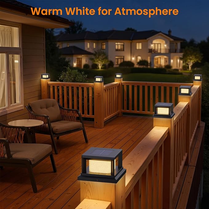 Mlambert 4 Pack Solar Post Lights Outdoor, 2 Modes LED Fence Cap Light for 4x4 Post, Waterproof Deck Light Patio Garden Decor, Warm/Cool White, Black