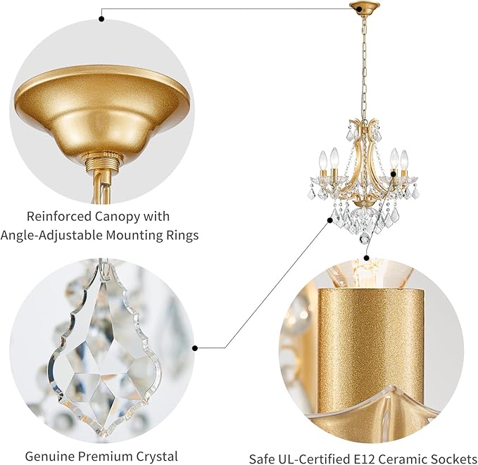 WUZUPS 5-Light Crystal Candle Chandelier Pendant Ceiling Light Modern Lighting Fixture for Bedroom Hallway Bar Kitchen Bathroom, H 19" W 16.6", E12 Base, Gold