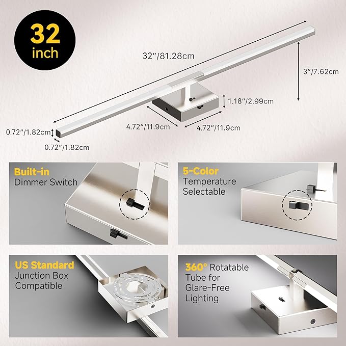 32 Inch Brushed Nickel Bathroom Vanity Light, Built-in Dimmer 2700K-6000K 1450LM LED, 360° Rotatable Bathroom Lights Over Mirror for Makeup, Shaving, Restroom, Powder Room ETL FCC