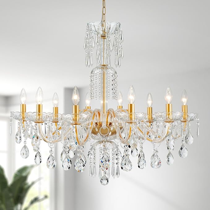 WUZUPS 10-Light Crystal Candle Chandelier Pendant Ceiling Light Modern Lighting Fixture for Bedroom Hallway Bar Kitchen Bathroom, H 26.7" W 33.9", E12 Base, Gold