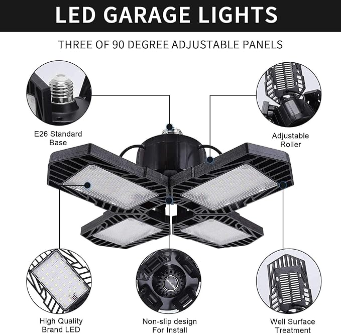 LED Garage Lights,100W Deformable Led Garage Lighting 10000LM E26 Daylight 6000K LED Garage Ceiling Lighting Super Bright Adjustable Garage Lights for Garage,Warehouse (100W-8Pack)