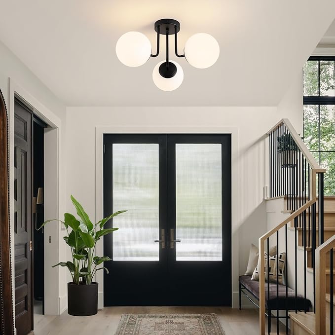 Modern Semi Flush Mount Ceiling Light, 3-Light Glass Globe Ceiling Light Fixture, Matte Black Mid Century Sputnik Chandelier for Living Room, Bedroom, Hallway, Kitchen (Blub Included)
