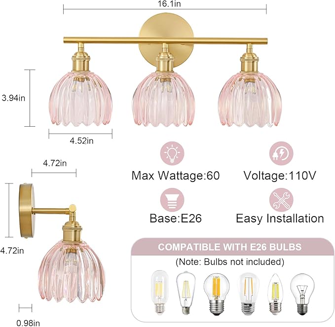 Gold Bathroom Light Fixtures Over Mirror, 3 Light Bathroom Vanity Light Fixture with Tulip Pink Glass Lampshade, Vintage Vanity Lights for Bathroom, Bathroom Vanity Lights Over Mirror