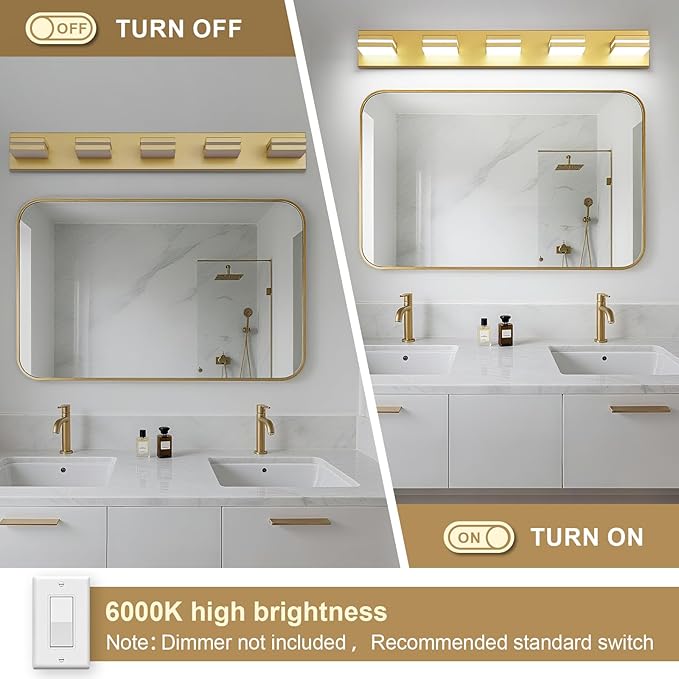 Modern LED Bathroom Lights Fixtures 5-Light,Metal Gold Acrylic Wall Lighting,Vanity Lights for Bathroom Over Mirror 6000k 34in