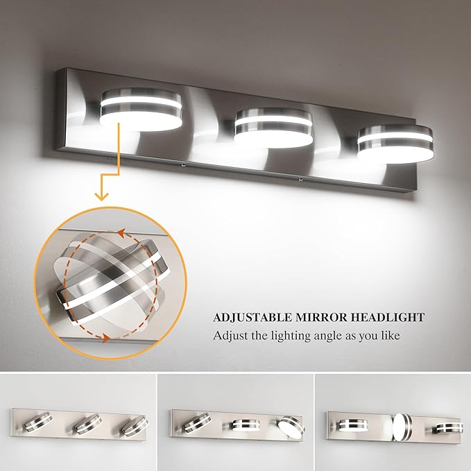 3-Light Bathroom Vanity Light, Brushed Nickel Bathroom Light Fixtures Over Mirror, LED Vanity Lights with 360°Rotating Lamp Head(24in)