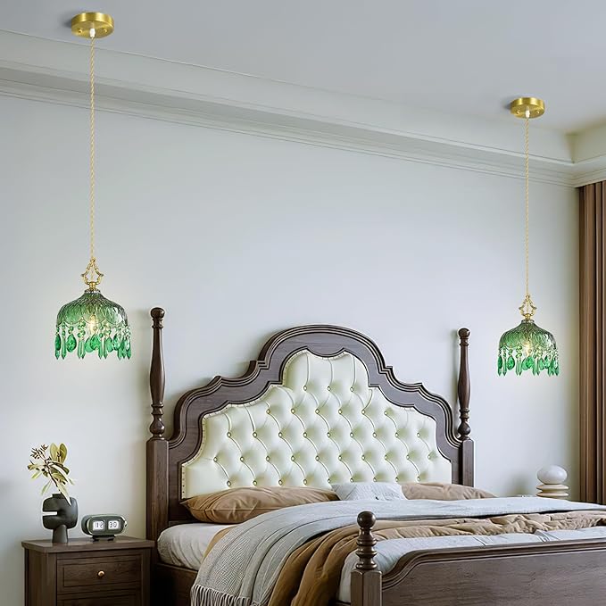 Brass Vintage Pendant Light Green Crystal Hanging Light Fixtures,Adjustable Height Green Glass Pendant Lights for Kitchen Island Dining Room Living Room Bedroom Hallway(Green,2-Pack)