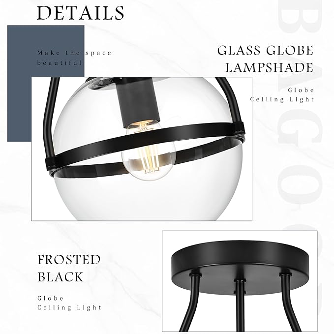 Bagood 6" Globe Semi Flush Mount Ceiling Light Fixture Modern Black Semi Flush Mount Ceiling Light Mid Century Ceiling Light With Clear Glass Shade Matte Black Finish for Hallway Bathroom (Bulb Incl.)