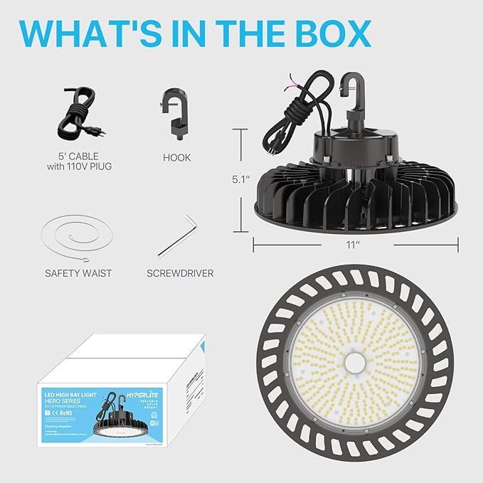 HYPERLITE LED High Bay Lights 150W 21,750lm 5000K 1-10V Dimmable UFO Led High Bay Light UL Listed 5' Cable High Bay Led Lights Alternative to 650W MH/HPS for Gym Factory Warehouse 4-Pack