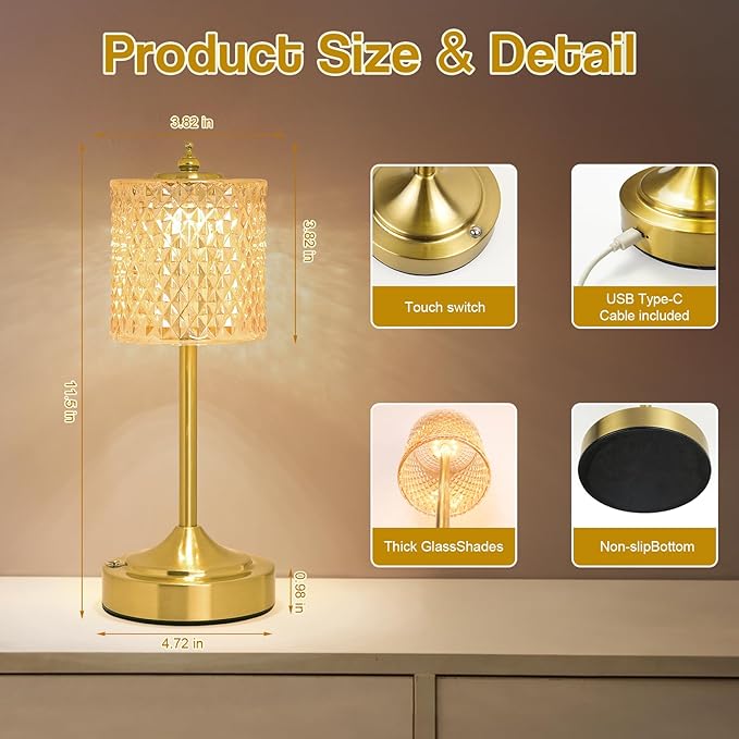 Cordless Crystal Table Lamp, 5200mAh Rechargeable Battery, 3 Color Dimmable Touch Control, Portable Vintage Gold Desk Lamp for Bedroom, Nightstand, Living Room, Home Decor (Amber)