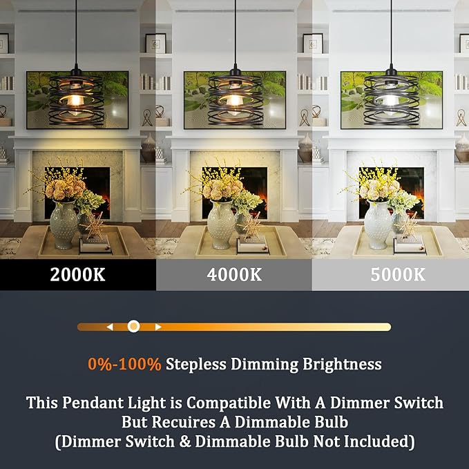 Pendant Light, Kitchen Island Hanging Light Fixtures Wood Farmhouse Metal Pendant Lighting for Dining Room Bedroom Bar Office, Industrial Black, 1 Pack