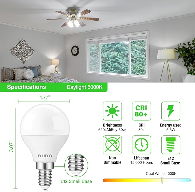 BUBO Ceiling Fan Light Bulbs 60 Watt Equivalent, E12 LED Bulb Cool White 4000K, 5.5W Small Base LED Light Bulbs, A15 Candelabra Base Bulb, 120V, 650LM, Non-Dimmable, 20 Pack