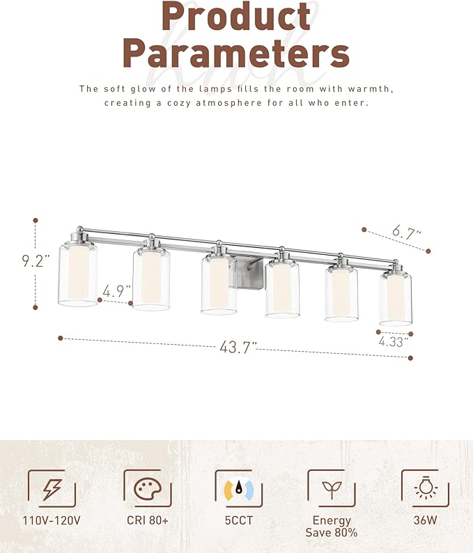 6 Light Bathroom Vanity Light, HWH Brushed Nickel Vanity Lights for Bathroom, Modern Vanity Lights Over Mirror with Clear Glass Shade, 36W 5CCT LED Wall Lights Dimmable, 5HLT63B-6W-LED BN