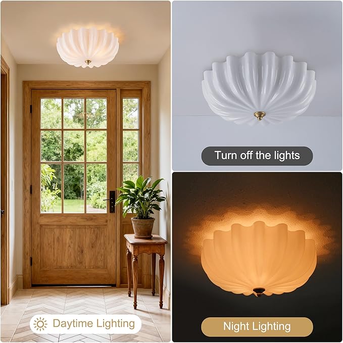 Gold Flush Mount Ceiling Light, 3-Light Hallway Light Fixtures, 15.7'' Vintage Brushed Brass Glass Ceiling Lights with Milky Glass Flower Shade for Entryway Dining Living Room Foyer