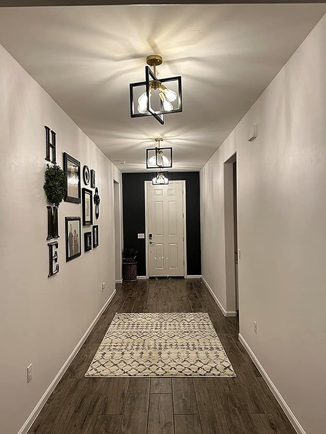 Farmhouse Industrial Ceiling Light Fixtures, 4-Light Vintage Modern Rectangle Black Gold Flush Mount Light Fixture with Rotatable Metal Square Frame for Kitchen Hallway Entryway Foyer Living Bedroom