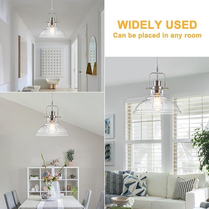 WILON Brushed Nickel Striped Glass Chandelier Pendant Lights Kitchen Island Lighting, Modern Hanging Lamp for Sink Dining Room Over Table Hallway Entryway Bar Foyer Bathroom