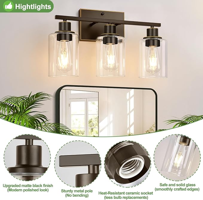 Indoi 3 Light Bathroom Light Fixtures, Oil-Rubbed Bronze Modern Vanity Lights with Clear Glass Shades, Bathroom Wall Lamp for Mirror Living Room Cabinet Bedroom Porch
