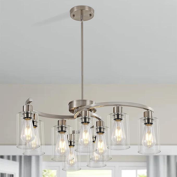 9-Light Brushed Nickel Kitchen Light Fixtures ，29.5" Large Chandeliers for Dining Room， Modern Dining Table Light Fixture，Metal Bracket Pendant Lighting with Downward Clear Glass Shade