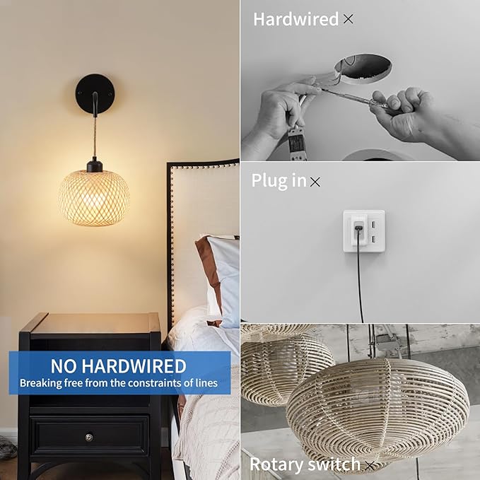 Vitnucrol Battery Operated Wall Sconce Set of Two, Bamboo Rechargeable Boho Wireless Sconces with Remote, Dimmable Non-Hardwired Farmhouse Wall Lights for Bedroom Living Room (Black, 8 inches)