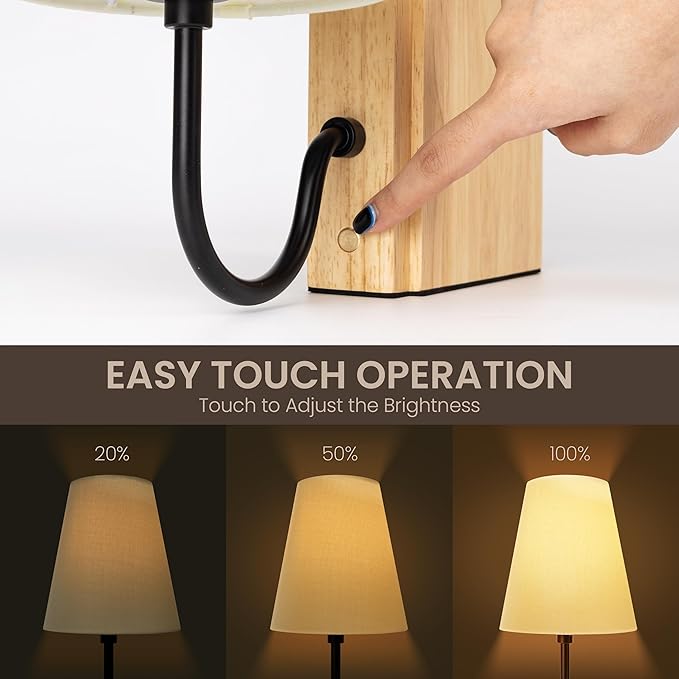 AELS Wooden Bookshelf Lamp with Bulb, Cordless Touch Dimmable Table Lamp with Linen Fabric Shade, Battery Operated, Modern Decorative Bookend, Book Sconce for Office Home Bedroom Bookshelf, Natural
