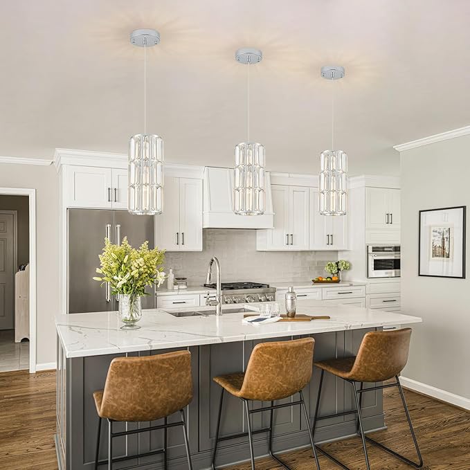 Chrome Pendant Lighting, Modern Crystal Mini Pendant Light Fixture, Adjustable 3-Pack Chandeliers for Kitchen Island, Dining Room, Bedroom