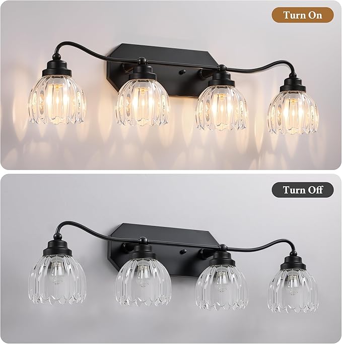 Vintage Bathroom Light Fixtures, 4 Light Bathroom Vanity Light, Black Matte Antique Brass Finish with Crystal Glass Shade, Mid Century Wall Sconces for Bedroom, Living Room, Hallway
