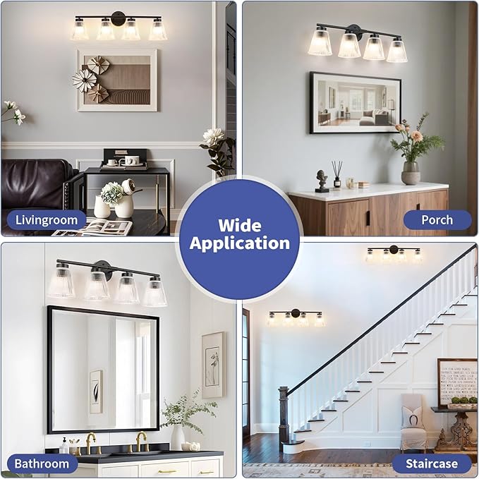 OCIOC Bathroom Vanity Light, 4-Light Modern Matte Black Wall Sconce with Glass Shade, Black Wall Light fixture, Bath Vintage Wall Mounted Lamps for Mirror Bedroom,Living Room