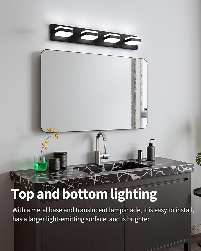 Bathroom Lighting Fixtures Over Mirror, 4 Light Bathroom Vanity Light Fixtures with Cool White 5000K, Matte Black LED Modern Vanity Wall Lights for Bath, Dressing Room, Restroom, 29.5 inch