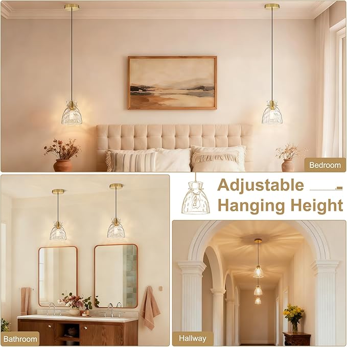 Black Gold Pendant Lights Kitchen Island 2 Pack, 5.9" Small Mini Brushed Brass Hammered Glass Pendant Light Fixtures, Modern Hanging Lights Kitchen Pendant Lighting over Sink Bathroom Dining Room