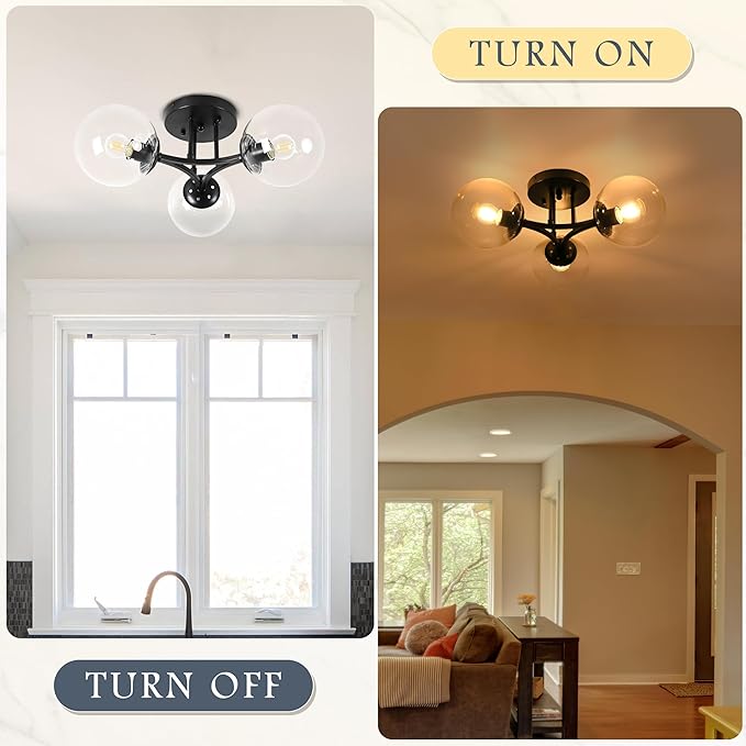 Mid Century Modern Ceiling Light Clear Globe Semi Flush Mount Ceiling Light Black Sputnik Light Fixture Chandeliers Clear Glass Matte Black Chandeliers Living Room Dining Room Bedroom 3 Lights